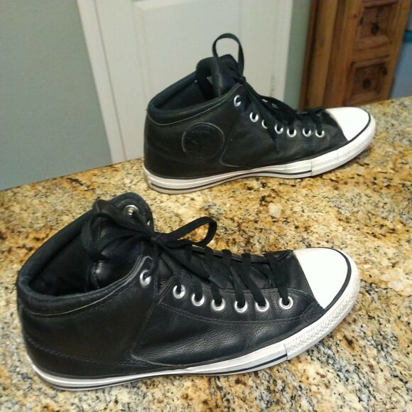 Rare Black Chuck Taylor All Star Converse Leather Mid Top Sneakers Mens 10 D - Picture 3 of 12